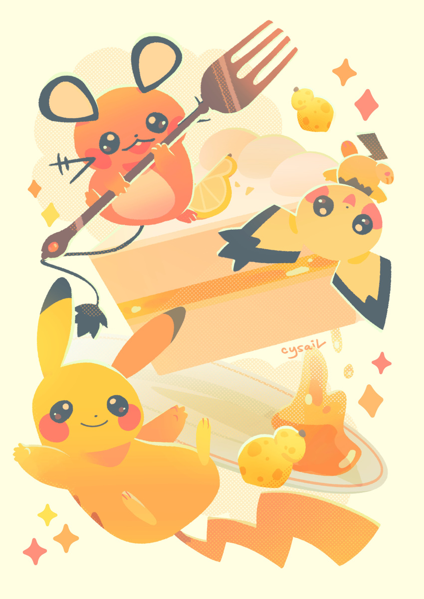 absurdres cake cake_slice commentary cryotters dedenne food fork fruit highres holding holding_fork no_humans open_mouth pichu pikachu plate pokemon pokemon_(creature) simple_background smile sparkle symbol-only_commentary yellow_background yellow_theme