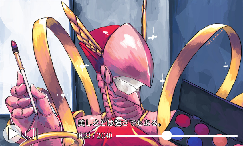 1other armor digimon digimon_(creature) fake_screenshot holding holding_paintbrush kira_(kira_dra) lordknightmon makeup no_humans paintbrush pause_button play_button portrait simple_background solo translation_request