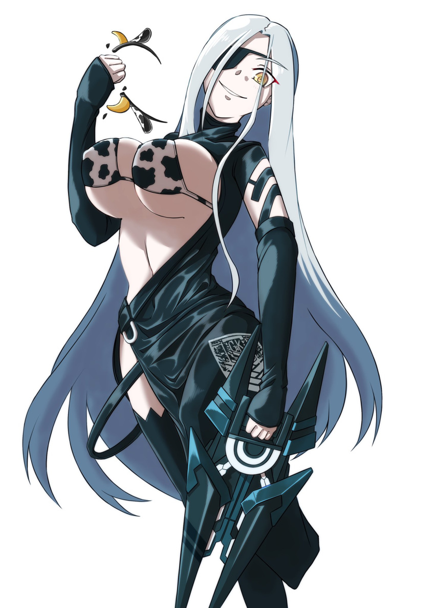 1girl alchemist_(girls'_frontline) animal_ears animal_print bikini bikini_top_only black_dress black_gloves black_thighhighs breasts broken clenched_hand commentary_request cow_ears cow_horns cow_print crushing dress elbow_gloves eyepatch fake_animal_ears fake_horns false_smile feet_out_of_frame fingerless_gloves girls'_frontline gloves griffin_&amp;_kryuger grin gun hair_over_eyes hairband head_tilt highres holding holding_gun holding_weapon horns kuroketto large_breasts long_hair looking_at_viewer sangvis_ferri simple_background skindentation smile solo standing swimsuit thighhighs turtleneck_dress very_long_hair weapon white_hair yellow_eyes