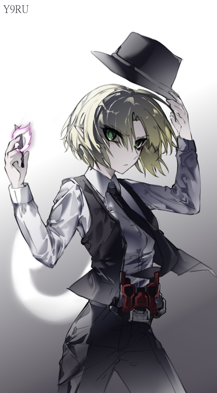 1girl absurdres black_headwear black_necktie black_pants black_vest blonde_hair closed_mouth collared_shirt cookie_(touhou) cosplay cowboy_shot double_driver eyes_visible_through_hair fedora gaia_memory gradient_background green_eyes grey_background hair_between_eyes hat hidari_shoutarou hidari_shoutarou_(cosplay) highres holding holding_clothes holding_hat joker_(cookie) kamen_rider kamen_rider_w long_bangs long_sleeves looking_at_viewer mizuhashi_parsee necktie open_clothes open_vest pants parted_bangs pointy_ears serious shirt short_hair solo touhou vest white_shirt yexinhan
