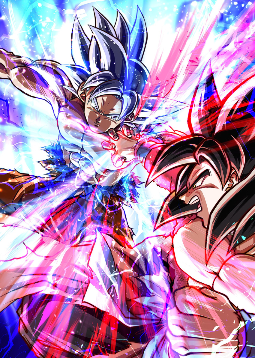 aura blue_sash blue_wristband body_fur closed_mouth dougi dragon_ball dragon_ball_heroes fighting highres kanalemoz long_hair male_focus monkey_boy multiple_boys muscular muscular_male pants pectorals red_fur red_hair saiyan sash son_goku son_goku_(xeno) spiked_hair super_full_power_saiyan_4_limit_breaker super_saiyan super_saiyan_4 time_patrol_(dragon_ball) ultra_instinct