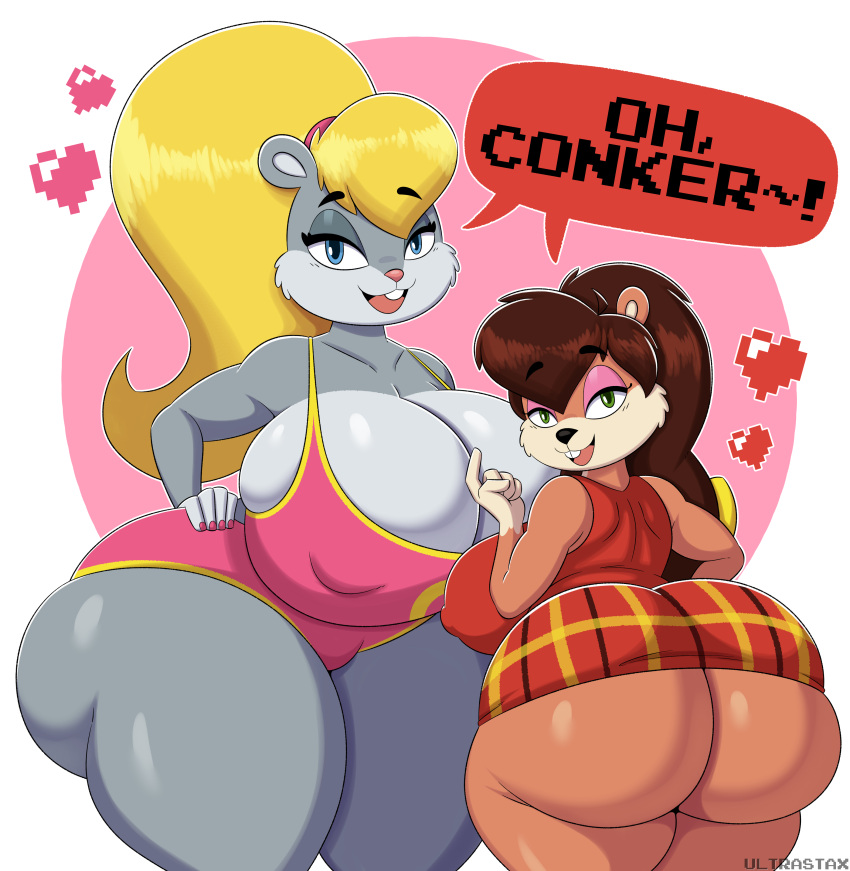 2023 absurd_res anthro berri berri_(conker's_pocket_tales_) big_breasts big_butt breasts buckteeth bulging_breasts bulging_butt butt butt_cleavage chipmunk cleavage clothed clothing conker's_bad_fur_day deep_skin dialogue duo english_text female flirting_with_viewer ground_squirrel hand_on_hip hi_res huge_breasts huge_butt huge_thighs looking_at_viewer mammal nipple_outline open_mouth pixelated_heart rareware rodent sciurid short_stack simple_background size_difference skindentation smile speech_bubble tailless talking_to_viewer teeth text thick_thighs ultrastax