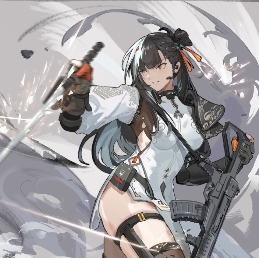 1girl armor assault_rifle black_hair breasts china_dress chinese_clothes chinese_commentary commentary_request cowboy_shot dress earpiece girls'_frontline girls'_frontline_2:_exilium gun highres holding holding_gun holding_sword holding_weapon long_hair looking_to_the_side mai_(xskdizzy) medium_breasts parted_lips pauldrons qbz-191 qbz-191_(girls'_frontline) red_eyes rifle short_dress shoulder_armor single_pauldron smile solo sword thigh_strap thighhighs weapon white_dress