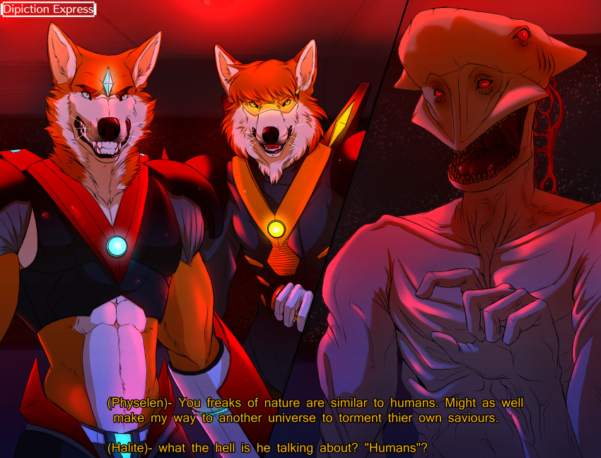 absurd_res alarm alarmed alien angry_expression anthro armor canid canine canis clothing confrontation cosmic_background crystal cybernetic_attachment cybernetics depictionexpress dialogue emergency english_text fox gauntlets gem gesture gills gloves group halite_(depictionexpress) handwear hi_res holding_saber humanoid intruder lore machine male mammal monster monstrous_humanoid muscular muscular_anthro muscular_male orange_armor physelen_(depictionexpress) pointing pointing_at_another red_armor red_eyes red_lighting segmented_armor slim space space_background spacecraft suit_jacket text trio trio_focus vehicle visor vite_(depictionexpress) wolf