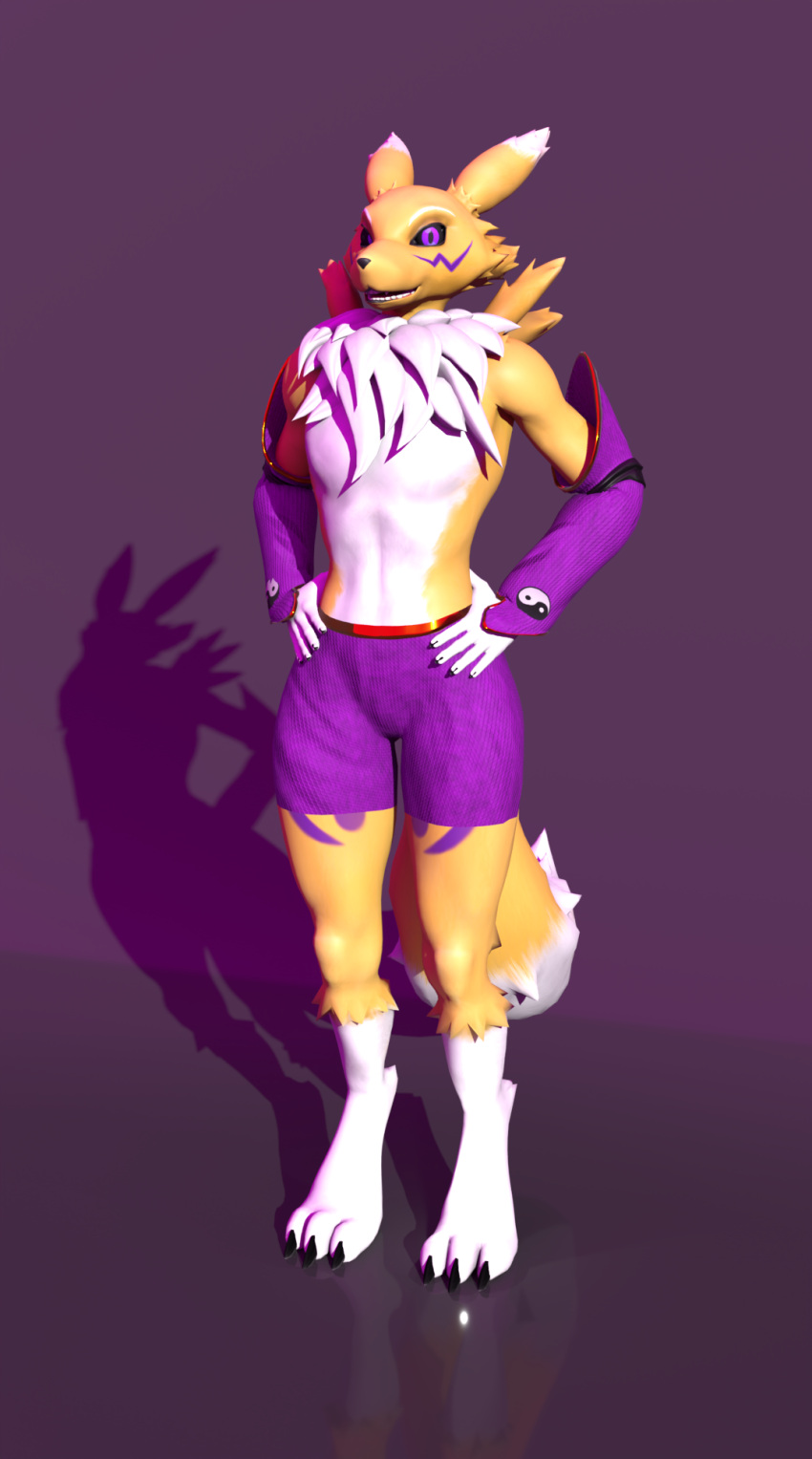 3d_(artwork) anthro armwear athletic bandai_namco black_sclera chest_tuft clothing digimon digimon_(species) digital_media_(artwork) fur hi_res knickedyourknacks male mammal renamon solo tuft underwear white_body white_fur yellow_body yellow_fur