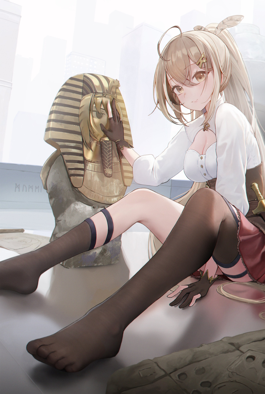 1girl absurdres ahoge asymmetrical_legwear black_thighhighs blurry blurry_background breasts brown_corset brown_gloves brown_hair cityscape cleavage corset dagger egypt feather_hair_ornament feathers feet gloves grin hair_ornament hairclip headdress highres hololive hololive_english knife large_breasts legs long_hair looking_at_viewer nanashi_mumei no_shoes ouro_kronii partially_fingerless_gloves pharaoh ponytail red_skirt runes scroll shirt single_thighhigh sitting skirt smile solo statue thigh_strap thighhighs toes very_long_hair virtual_youtuber weapon wei_hua_(vlad_3) white_shirt yellow_eyes