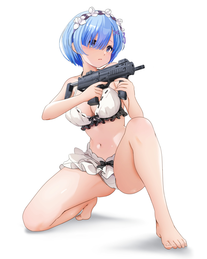 1girl barefoot bikini blue_eyes blue_hair breasts cleavage closed_mouth commission feet gibun_(sozoshu) gun h&amp;k_mp7 hair_ornament highres holding holding_gun holding_weapon kneeling legs maid maid_bikini maid_headdress medium_breasts navel pixiv_commission re:zero_kara_hajimeru_isekai_seikatsu rem_(re:zero) revision simple_background solo submachine_gun swimsuit toenails toes unconventional_maid weapon white_background white_bikini x_hair_ornament