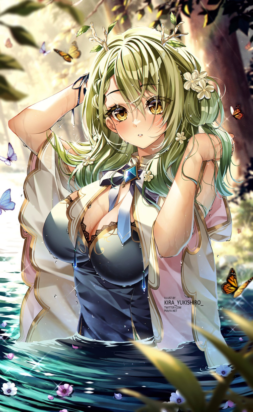 1girl arms_up blush braid branch breasts bug butterfly ceres_fauna cleavage floating floating_object flower forest green_hair hair_between_eyes hair_flower hair_ornament hair_rings hands_in_hair highres hololive hololive_english horns in_water kira_yukishiro lake large_breasts leaf looking_at_viewer looking_to_the_side medium_hair nature standing tree water waves wet wet_clothes wide_sleeves yellow_eyes