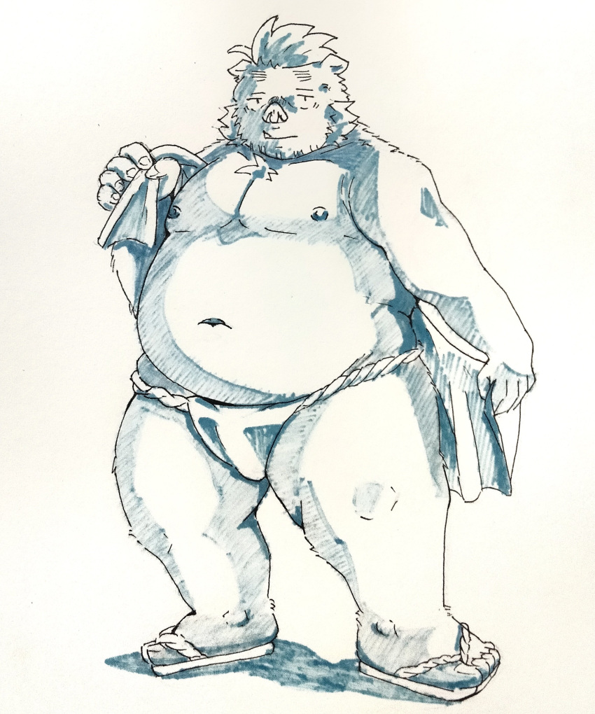 2023 absurd_res anthro asian_clothing belly big_belly clothing east_asian_clothing ezvany2 footwear fundoshi gouryou hi_res japanese_clothing kemono lifewonders male mammal moobs navel nipples overweight overweight_male sandals simple_background solo suid suina sus_(pig) tokyo_afterschool_summoners underwear white_background wild_boar