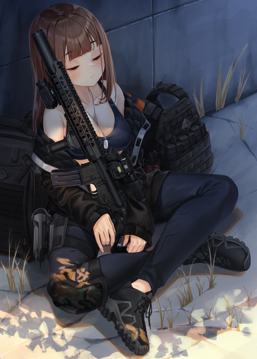 1girl absurdres black_footwear black_jacket black_pants blunt_bangs breasts brown_hair camouflage cleavage closed_eyes commentary commission crop_top dog_tags english_commentary enpera_(jdud8375) full_body gun highres holster indian_style jacket jacket_partially_removed knee_pads load_bearing_vest long_sleeves medium_breasts medium_hair on_ground open_clothes open_jacket original outdoors pants parted_lips sitting solo thigh_holster vest_removed weapon