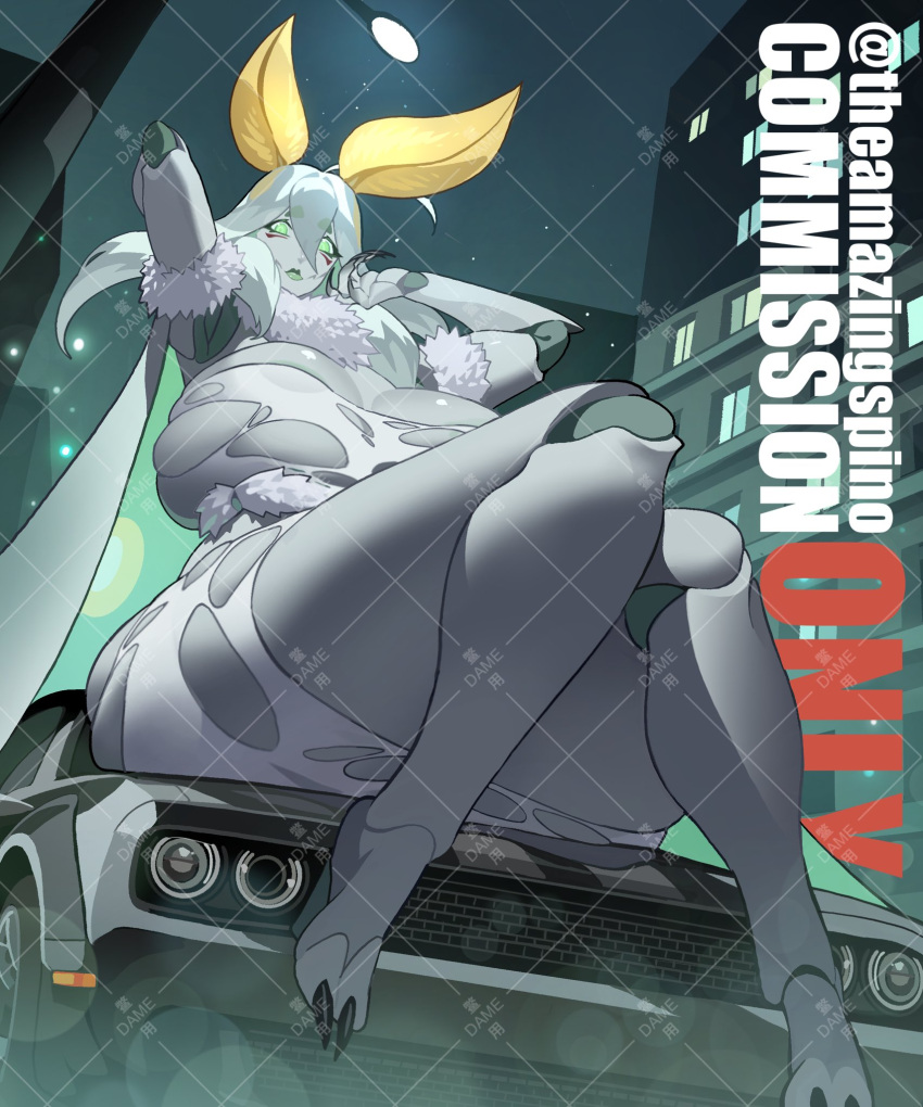 1girl antennae arthropod_girl breasts cape car colored_skin commission dodge_(company) dodge_challenger dodge_challenger_(3rd_generation) dress fingernails fur_scarf green_eyes green_lips grey_cape grey_dress grey_hair grey_skin hair_between_eyes highres huge_breasts kamitoge_supino long_fingernails long_hair looking_at_viewer monster_girl moth_girl motor_vehicle muscle_car night on_vehicle original parted_lips scarf short_eyebrows sitting solo thick_eyebrows torn_clothes torn_dress twitter_username watermark white_scarf