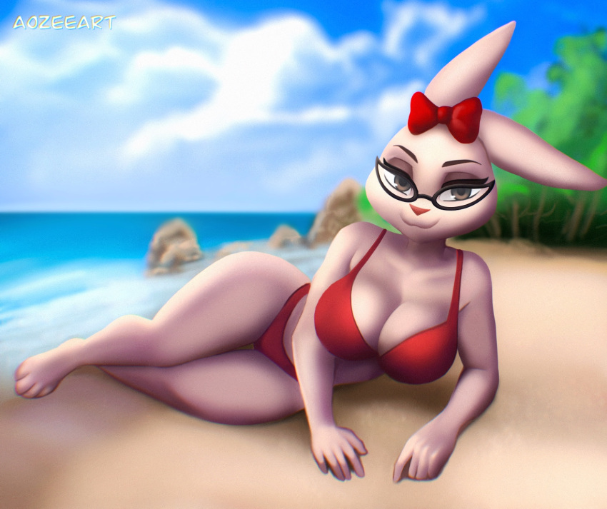 2023 anthro aozee artist_name beach big_breasts bikini bow_(feature) breasts brown_eyes cartoon_network cleavage clothed clothing curvaceous curvy_figure detailed_background digital_drawing_(artwork) digital_media_(artwork) eyelashes eyewear feet female fingers fur glasses hi_res hourglass_figure lagomorph leporid looking_at_viewer lying mammal on_side outside powerpuff_girls powerpuff_girls'_imaginary_friend rabbit red_bikini red_clothing red_swimwear sea seaside skimpy skimpy_bikini smile solo swimwear thick_thighs toes voluptuous water watermark white_body white_fur wide_hips