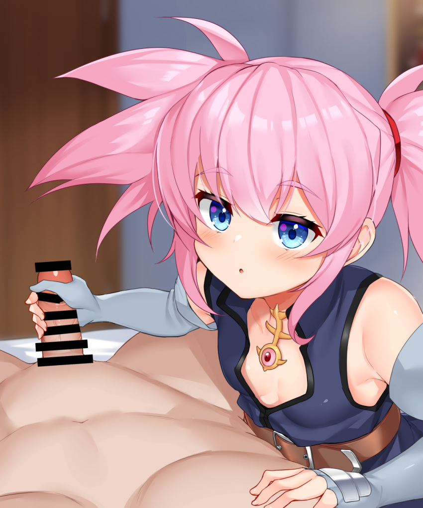 1boy 1girl blue_eyes blush breasts cleavage clothed_female_nude_male commentary_request commission daichi_(tokoya) elbow_gloves gloved_handjob gloves grey_gloves handjob highres indoors looking_at_viewer medium_hair multiple_sources nude open_mouth partially_fingerless_gloves pink_hair pov presea_combatir skeb_commission small_breasts solo_focus tales_of_(series) tales_of_symphonia twintails white_gloves