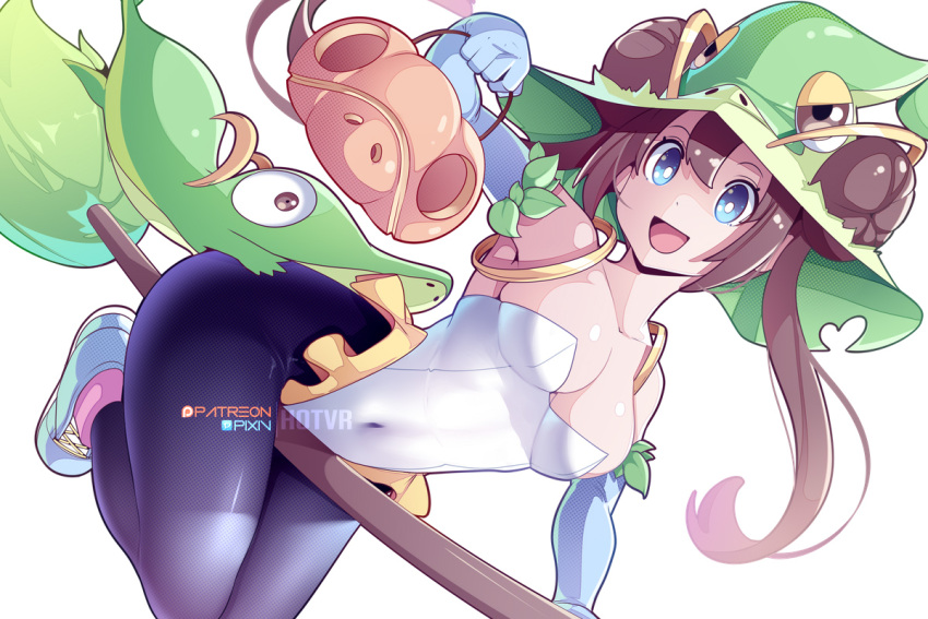 1girl :d alternate_costume bare_shoulders blue_eyes blue_gloves blue_pantyhose breasts broom broom_riding brown_hair cleavage commentary creature_request doughnut_hair_bun elbow_gloves english_commentary gloves green_headwear hair_bun halloween hat holding hot_vr leotard long_hair medium_breasts open_mouth pantyhose patreon_username pixiv_username pokemon pokemon_(creature) pokemon_(game) pokemon_bw2 rosa_(pokemon) simple_background smile twintails white_background white_leotard witch_hat