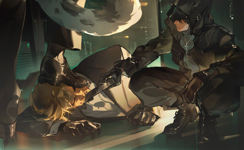 3boys akai_999 arknights black_coat black_footwear black_gloves black_hair brown_hair chinese_commentary coat commentary_request cross_pendant doctor_(arknights) foot_on_head gangster gloves gun gun_in_mouth highres holding holding_gun holding_weapon hood hood_up hooded_coat indoors jewelry leopard_boy leopard_tail long_sleeves lying male_doctor_(arknights) male_focus multiple_boys on_ground on_side open_clothes open_coat open_mouth pants pendant shoes short_hair silverash_(arknights) squatting suit tail weapon