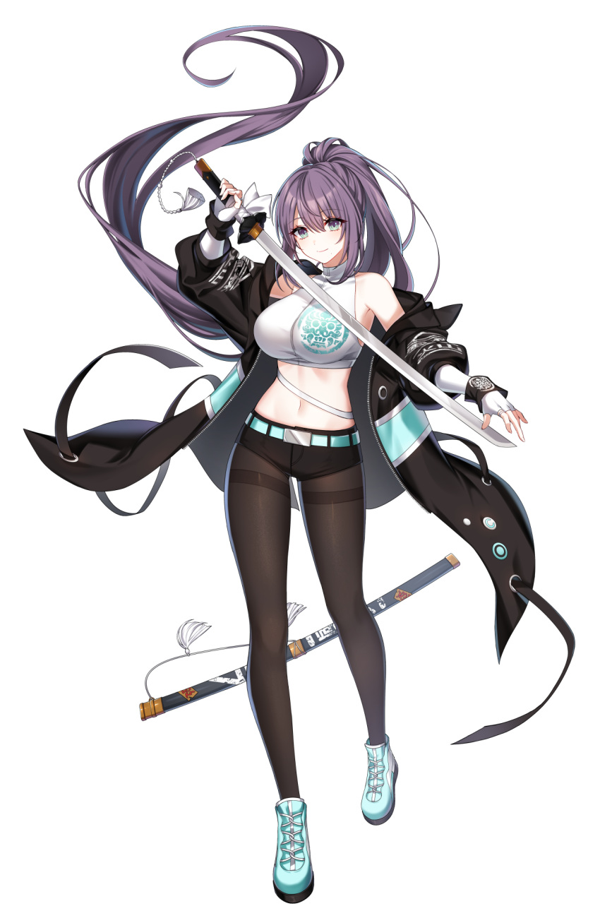 1girl aeri_(closers) aqua_eyes aqua_footwear arm_up armpits bare_shoulders belt black_jacket black_shorts breasts brown_pantyhose closed_mouth closers crop_top fingerless_gloves floating_hair full_body gloves hair_between_eyes highres holding holding_sword holding_weapon jacket katana large_breasts long_hair looking_at_viewer micro_shorts midriff mole mole_under_mouth navel non-web_source off_shoulder official_art open_clothes open_jacket pantyhose ponytail purple_hair sheath shirt shoes short_shorts shorts sleeveless sleeveless_shirt sleeveless_turtleneck smile sneakers solo stomach sword thighband_pantyhose turtleneck unsheathed very_long_hair weapon white_gloves white_shirt