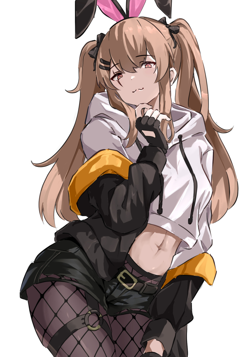 1girl :3 animal_ears belt black_gloves black_jacket black_ribbon black_shorts brown_hair closed_mouth commentary cropped_hoodie fake_animal_ears finger_to_own_chin fingerless_gloves fishnet_pantyhose fishnets girls'_frontline gloves hair_between_eyes hair_ornament hair_ribbon highres hood hoodie jacket long_hair looking_at_viewer midriff mutugorou_u o-ring o-ring_thigh_strap off_shoulder pantyhose rabbit_ears red_eyes ribbon scar scar_across_eye scar_on_face short_shorts shorts simple_background smile solo thigh_strap twintails ump9_(girls'_frontline) white_background white_hoodie