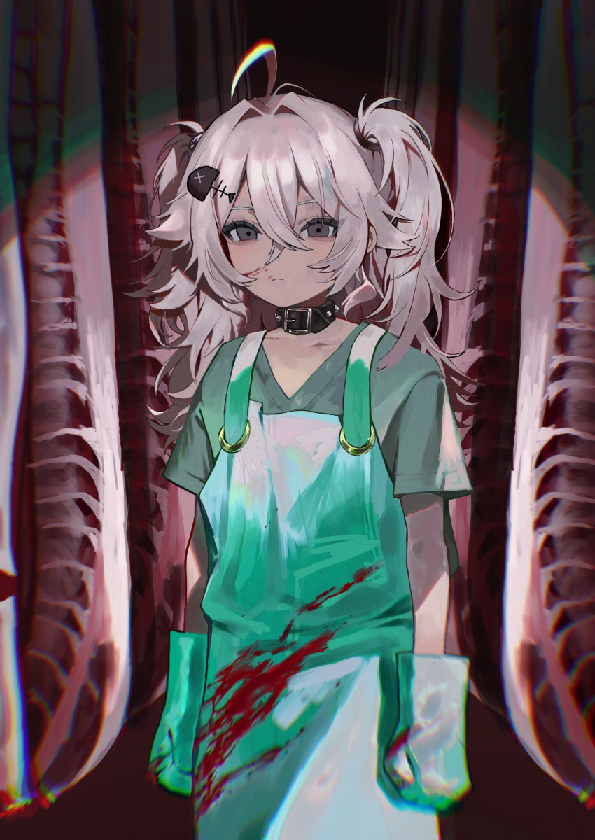 1girl ahoge apron bags_under_eyes belt_collar black_collar blood blood_on_clothes blood_splatter blurry butcher chromatic_aberration clenched_hands closed_mouth collar collarbone crossed_bangs depth_of_field empty_eyes expressionless fish_skeleton_hair_ornament gloves green_apron green_gloves green_shirt grey_eyes grey_hair hair_between_eyes hanging_food highres kurehalxxx light_frown long_hair looking_at_viewer original raw_meat rubber_gloves shirt short_sleeves solo studded_collar twintails