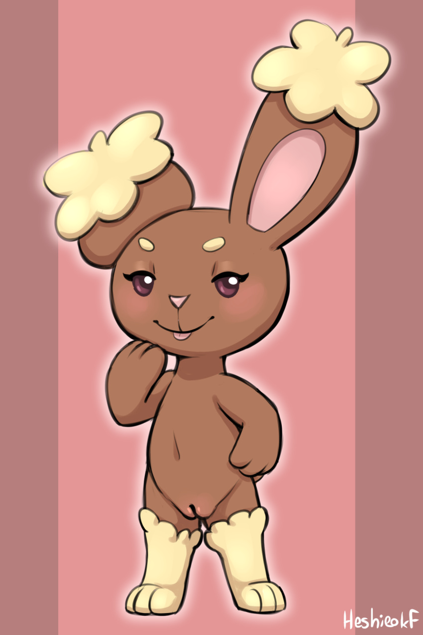 anthro blush brown_body brown_fur buneary female fur generation_4_pokemon genitals heshieokf hi_res lagomorph mammal navel nintendo nude pokemon pokemon_(species) pussy shaved solo tongue tongue_out