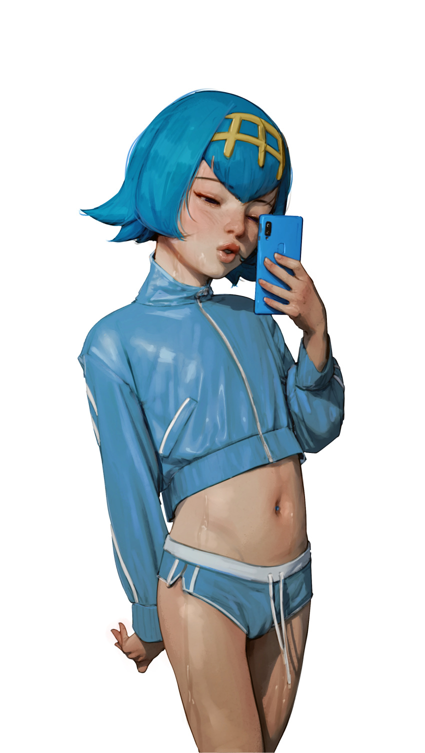 1girl absurdres alternate_costume blue_hair blue_jacket blue_shorts cameltoe cellphone commentary cowboy_shot cropped_jacket diathorn hairband half-closed_eyes hand_up highres holding holding_phone jacket lana_(pokemon) long_sleeves navel parted_lips phone pokemon pokemon_(game) pokemon_sm realistic short_hair short_shorts shorts side_slit side_slit_shorts simple_background solo sportswear sweat tassel white_background yellow_hairband zipper