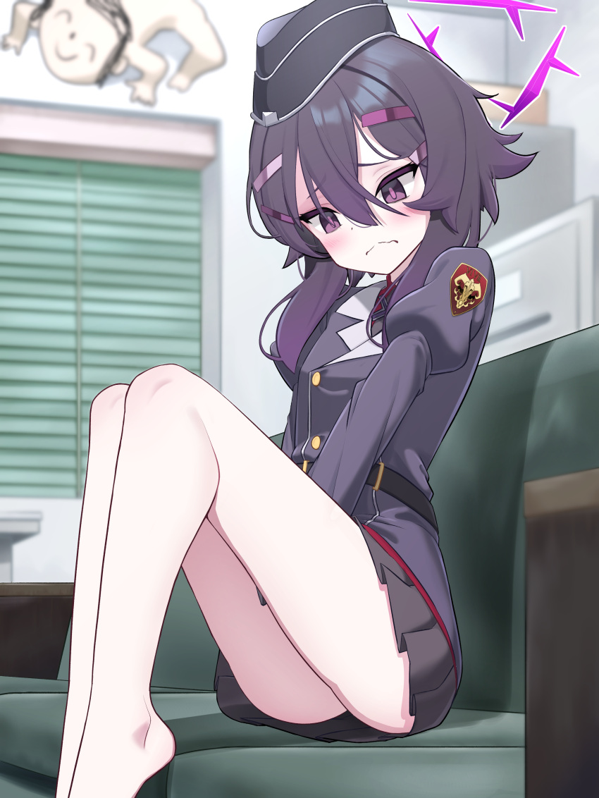 1girl absurdres arona's_sensei_doodle_(blue_archive) bare_legs belt black_belt blinders blue_archive garrison_cap hair_between_eyes hair_ornament hairclip halo haruka_(blue_archive) hat highres indoors long_sleeves miniskirt oishi_kuwagata pleated_skirt purple_eyes purple_hair sensei_(blue_archive) skirt wavy_mouth