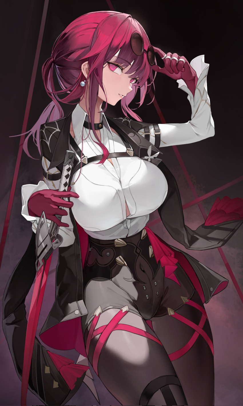 1girl absurdres berserker_r black_jacket boots breasts butterfly_ornament chest_harness collared_shirt eyewear_on_head gloves hair_between_eyes harness high-waist_shorts highres holding holding_sword holding_weapon honkai:_star_rail honkai_(series) jacket kafka_(honkai:_star_rail) large_breasts long_hair looking_at_viewer pantyhose pantyhose_under_shorts purple-tinted_eyewear purple_eyes purple_gloves purple_hair purple_pantyhose round_eyewear shirt shorts single_thigh_boot smile solo spider_web_print sunglasses sword thigh_boots tinted_eyewear weapon white_shirt