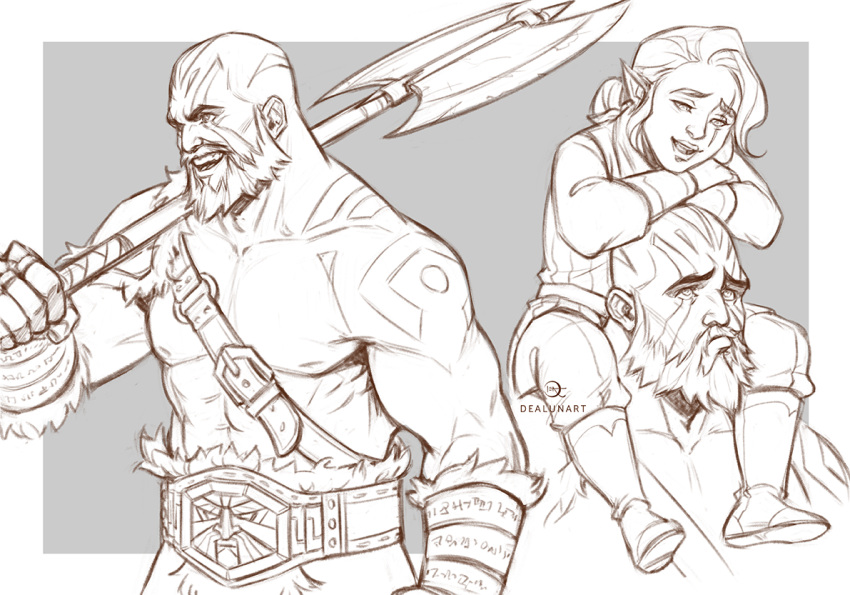 1boy 1girl abs armor arms_on_head axe bare_pectorals battle_axe beard chest_belt collage critical_role cropped_torso dea_(dealunart) facial_hair greyscale grog_strongjaw mature_male monochrome muscular muscular_male nipples over_shoulder pauldrons pectorals pike_(critical_role) pout short_hair shoulder_armor sideburns single_pauldron sitting_on_shoulder smile the_legend_of_vox_machina weapon weapon_over_shoulder