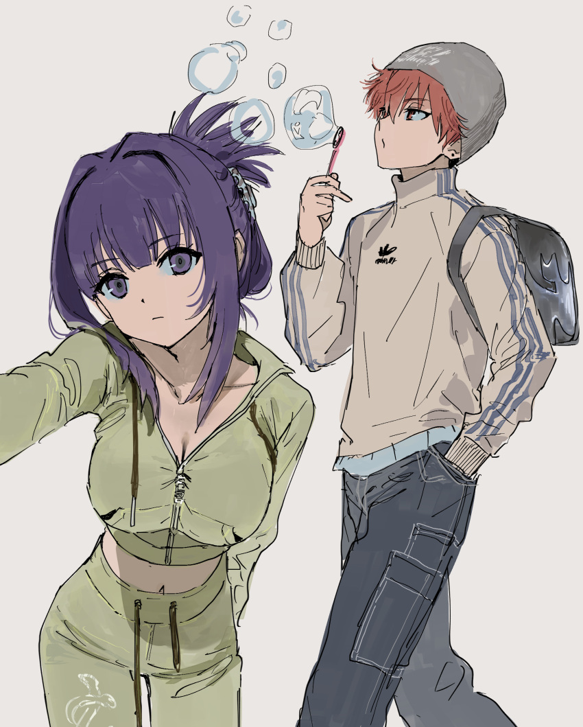 1boy 1girl absurdres adidas alternate_costume alternate_hairstyle backpack bag beanie black_bag black_pants breasts bubble_blowing bubble_wand cleavage contemporary cropped_jacket dohyo123123 drawstring fern_(sousou_no_frieren) green_jacket green_shirt grey_headwear hair_up hand_up hat highres hood hooded_jacket jacket leaning_forward long_sleeves looking_at_viewer midriff navel outstretched_arm pants puckered_lips purple_eyes purple_hair red_hair shirt short_hair simple_background soap_bubbles sousou_no_frieren standing stark_(sousou_no_frieren) track_pants white_background