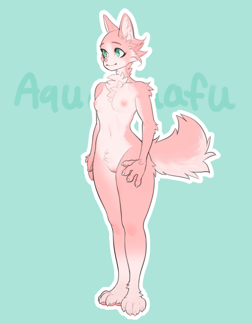 anthro aquafuafu breasts canid canine canis felid feline female fur genitals girly green_eyes hi_res hybrid mammal nude pink_body pink_fur pussy small_breasts solo uncensored wolf young