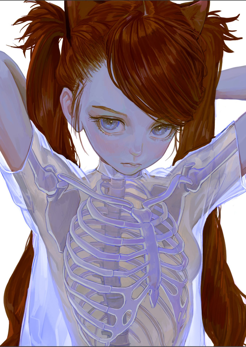 1girl animal_ears arms_behind_head arms_up blue_eyes brown_hair cat_ears close-up closed_mouth expressionless feifei_(fkey) fkey highres long_hair looking_at_viewer original shirt short_sleeves simple_background skeleton_print solo swept_bangs twintails upper_body white_background white_shirt