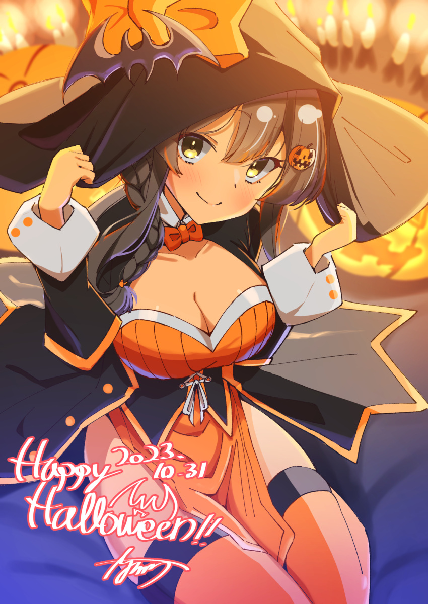 1girl alternate_costume alternate_hairstyle ayuman bat_ornament black_hair black_headwear black_jacket bow bowtie braid breasts cleavage dated dress hair_ornament hair_over_shoulder hairclip halloween happy_halloween hat highres jacket kantai_collection large_breasts long_hair orange_bow orange_bowtie orange_dress orange_thighhighs oyashio_(kancolle) single_braid smile solo thighhighs witch witch_hat yellow_eyes
