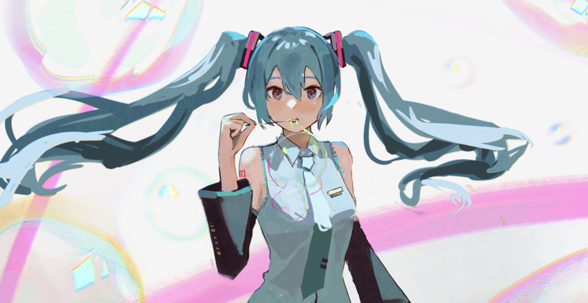 1girl aqua_hair aqua_necktie bare_shoulders black_sleeves bubble bubble_blowing bubble_wand commentary dated_commentary detached_sleeves floating_hair grey_eyes hair_ornament hand_up hatsune_miku highres holding long_hair looking_at_viewer necktie potatomochii shirt sleeveless sleeveless_shirt solo twintails upper_body very_long_hair vocaloid white_shirt