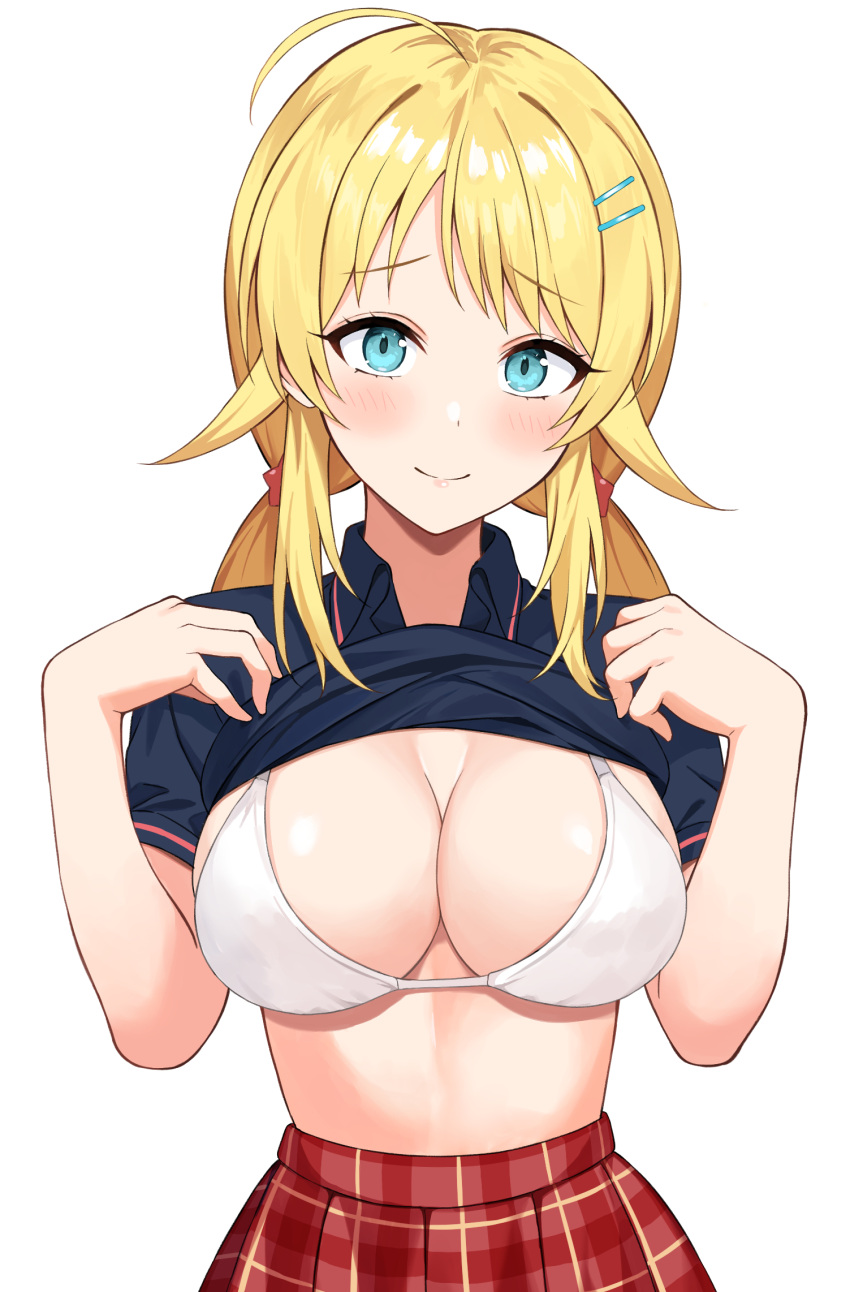 1girl ahoge asato_(fadeless) black_bra black_shirt blonde_hair blue_eyes blush bra breasts cleavage closed_mouth collared_shirt hachimiya_meguru hair_flaps hair_ornament hairclip highres idolmaster idolmaster_shiny_colors large_breasts lifted_by_self long_hair looking_at_viewer low_twintails plaid plaid_skirt polo_shirt red_skirt shirt short_sleeves simple_background skirt smile solo standing twintails underwear upper_body white_background