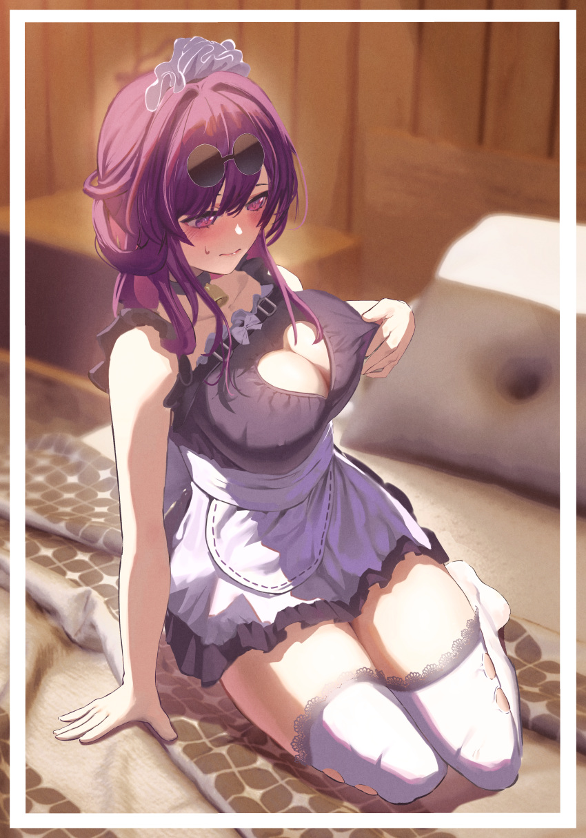 1girl absurdres alternate_costume apron black_dress blanket blush breasts cleavage cleavage_cutout closed_mouth clothing_cutout dress hair_between_eyes hand_on_floor highres honkai:_star_rail honkai_(series) indoors kafka_(honkai:_star_rail) kenka_(user_hrjm2543) large_breasts lipstick long_hair maid maid_apron maid_headdress makeup on_bed pillow pink_lips purple_eyes purple_hair round_eyewear seiza sidelocks sitting sleeveless sleeveless_dress solo sunglasses sweatdrop thighhighs thighs white_thighhighs wooden_wall