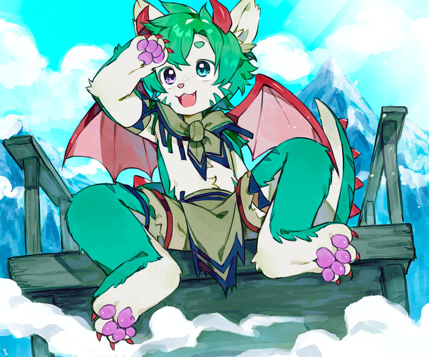 anthro bottomwear clothing dragon felid feline heterochromia hi_res horn hybrid loincloth male mammal mountain pawpads paws raised_tail scarf smile solo tail thebrushking thumper wings young