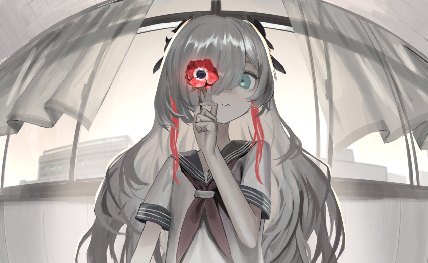 1girl absurdres anemone_(flower) basaru_1106 black_flower black_sailor_collar blue_eyes blurry blurry_background building ceiling commentary english_commentary fisheye flower glowing_flower grey_hair grey_theme hair_flower hair_ornament hair_over_one_eye hand_up highres holding holding_flower indoors isekai_joucho kamitsubaki_studio long_hair looking_at_viewer multicolored_hair neckerchief pale_skin parted_lips red_flower red_hair red_neckerchief sailor_collar school_uniform serafuku shirt short_sleeves sideways_glance solo streaked_hair sunlight tile_ceiling tiles transparent_curtains upper_body virtual_youtuber white_shirt window