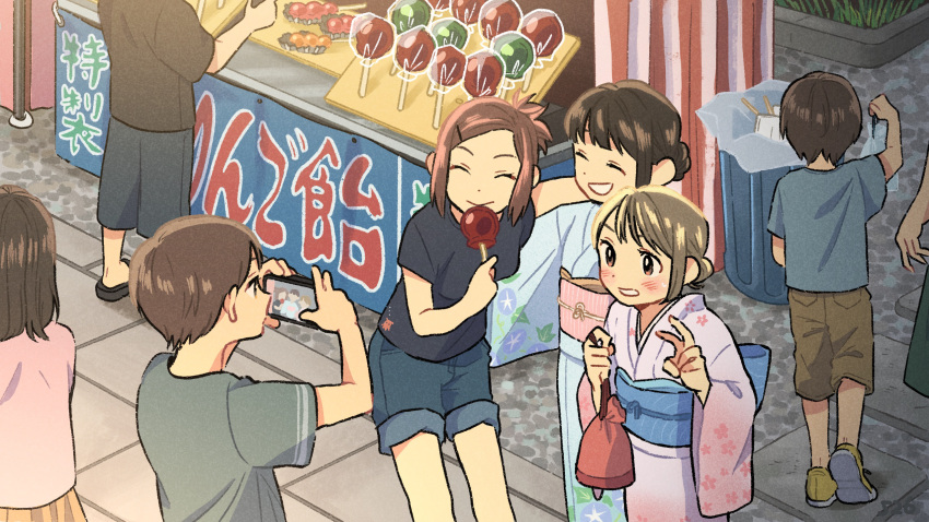 3boys 4girls :d arm_around_neck bangs_pinned_back black_shirt blue_kimono blue_shirt blue_shorts blush brown_eyes brown_hair brown_shorts candy candy_apple closed_eyes closed_mouth crowd denim denim_shorts dot_nose facing_another festival floral_print food food_stand forehead full_body grin hair_bun hair_ornament hairclip hand_up highres holding holding_candy holding_food holding_phone japanese_clothes kimono kojiro337 long_bangs long_sleeves multiple_boys multiple_girls obi open_mouth original out_of_frame parted_bangs phone pink_kimono print_kimono sash shirt short_sleeves shorts sidelocks smile stone_walkway summer_festival taking_picture teeth trash_can v wide_sleeves