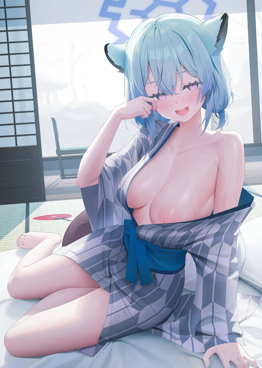 1girl animal_ears arm_support aya_(lezon) barefoot bath_yukata blue_archive blue_halo blush breast_slip breasts clothes_pull commentary_request feet green_hair hair_between_eyes half-closed_eyes halo hand_fan highres indoors japanese_clothes kimono large_areolae legs looking_at_viewer medium_breasts nail_polish nipples off_shoulder official_alternate_costume one_breast_out open_clothes open_mouth paper_fan purple_eyes shigure_(blue_archive) shigure_(hot_spring)_(blue_archive) short_hair sitting smile solo speech_bubble tail tatami teeth toenail_polish toenails toes uchiwa upper_teeth_only weasel_ears weasel_tail yokozuwari yukata