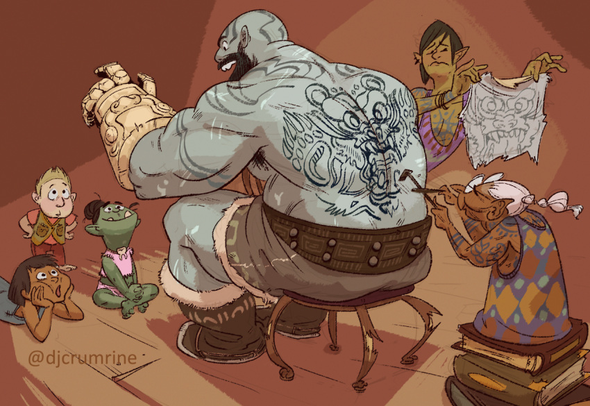 2boys 4girls armpit_hair artist_request back back_tattoo bald bara beard blue_skin breaking character_request child colored_skin critical_role dark-skinned_female dark_skin drawing facial_hair female_orc from_behind gauntlets grog_strongjaw happy head_tattoo looking_at_another mature_male multiple_boys multiple_girls muscular muscular_male mustache old old_woman on_chair orc pectorals shorts sitting size_difference smile talking tattoo the_legend_of_vox_machina thick_eyebrows topless_male triceps tusks