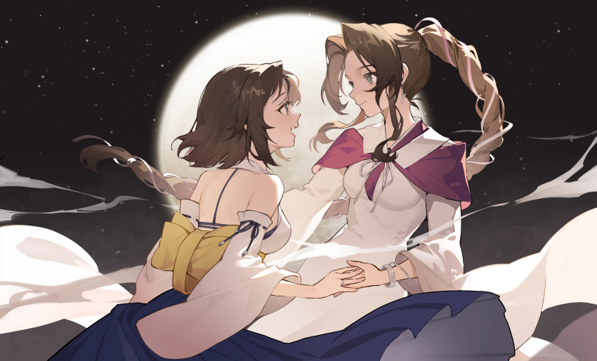 2girls absurdres aerith_gainsborough back_bow blue_skirt bow braid braided_ponytail detached_sleeves dress eye_contact final_fantasy final_fantasy_vii final_fantasy_vii_ever_crisis final_fantasy_x full_moon hakama hakama_skirt highres holding_hands in-franchise_crossover japanese_clothes lilith-lily long_skirt looking_at_another moon multiple_girls night obi official_alternate_costume sash short_hair skirt smile star_(sky) yuna_(ff10)