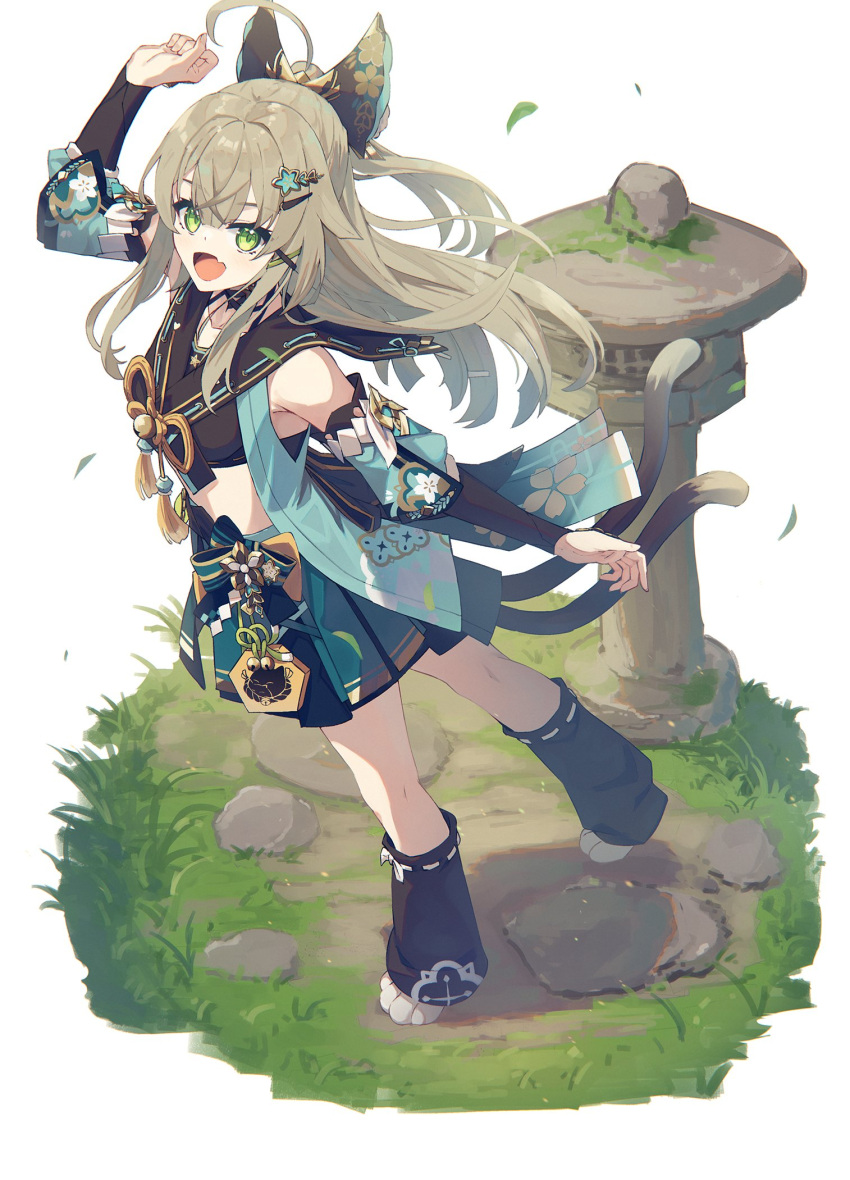 1girl agemaki_knot ahoge bare_shoulders bell black_leg_warmers bridal_gauntlets brown_hair cat_feet cat_girl cat_tail coat collared_vest crop_top crossed_bangs detached_sleeves fang full_body genshin_impact grass green_eyes hair_between_eyes hair_ornament hairclip half_updo highres kirara_(genshin_impact) laughing long_hair looking_at_viewer loose_socks midriff multiple_tails nagishiro_mito navel nekomata omamori paw_pose pleated_skirt puffy_sleeves sailor_collar sidelocks simple_background skin_fang skirt sleeveless sleeveless_coat socks solo stone_lantern tail two_tails vest white_background