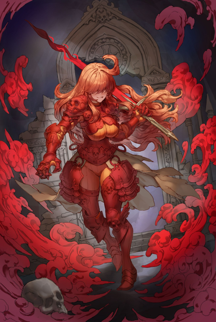 1girl absurdres ahoge armor armored_boots boots breasts fantasy faulds gauntlets grin hair_over_eyes highres holding holding_sword holding_weapon large_breasts long_hair nrcgray orange_hair original plate_armor shoulder_armor skull smile smoke solo sword weapon