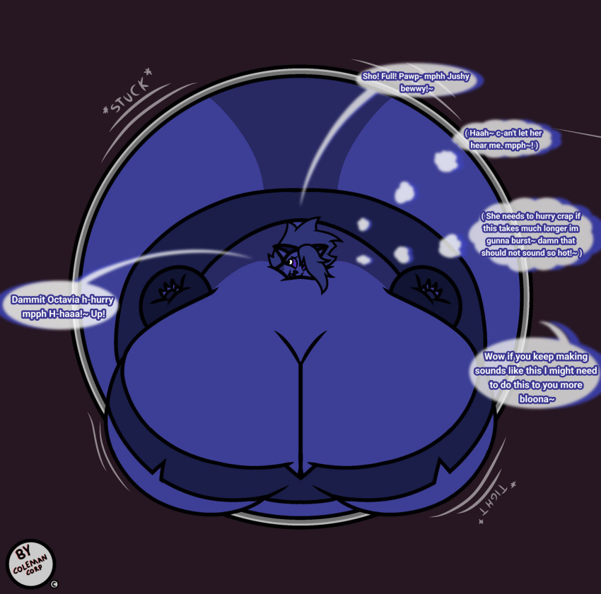 anthro artist_name big_breasts blueberry_inflation breasts canid canid_demon coleman12345 demon drenched english_text female glurgle hellhound helluva_boss hi_res huge_breasts hyper_inflation loona_(helluva_boss) mammal solo speech_bubble squish stuck_in_door text thought_bubble vault_door