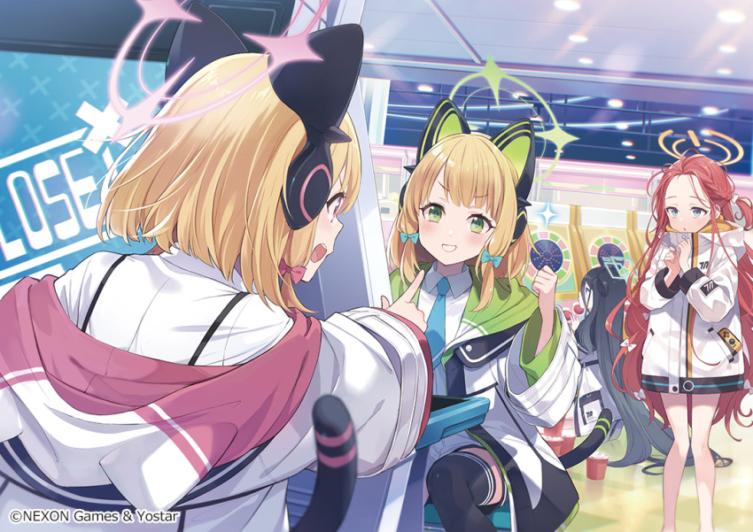 4girls animal_ear_headphones animal_ears animal_hood aris_(blue_archive) black_hair black_shorts black_thighhighs blonde_hair blue_archive blue_eyes blue_necktie cat_ears cat_hood clenched_hand collared_shirt commentary_request dress_shirt fake_animal_ears feet_out_of_frame forehead game_development_department_(blue_archive) green_eyes grin hair_between_eyes halo hand_up headphones hood hood_down hooded_jacket indoors jacket long_hair midori_(blue_archive) momoi_(blue_archive) multiple_girls necktie official_art one_side_up pointing power_symbol profile red_hair shirt shorts siblings sisters sitting smile thighhighs twins v-shaped_eyebrows very_long_hair white_jacket white_shirt yuko_(uc_yuk) yuzu_(blue_archive)