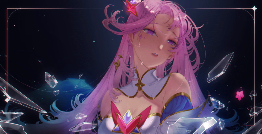 1girl armor armored_dress bare_shoulders blush breasts broken_glass cleavage crying detached_collar detached_sleeves facial_tattoo glass glass_shards hair_ornament highres kai'sa lalinstarry league_of_legends long_hair looking_away medium_breasts official_alternate_costume parted_bangs parted_lips pink_eyes pink_hair solo sparkle star_(symbol) star_guardian_(league_of_legends) star_guardian_kai'sa star_hair_ornament tattoo turning_head upper_body