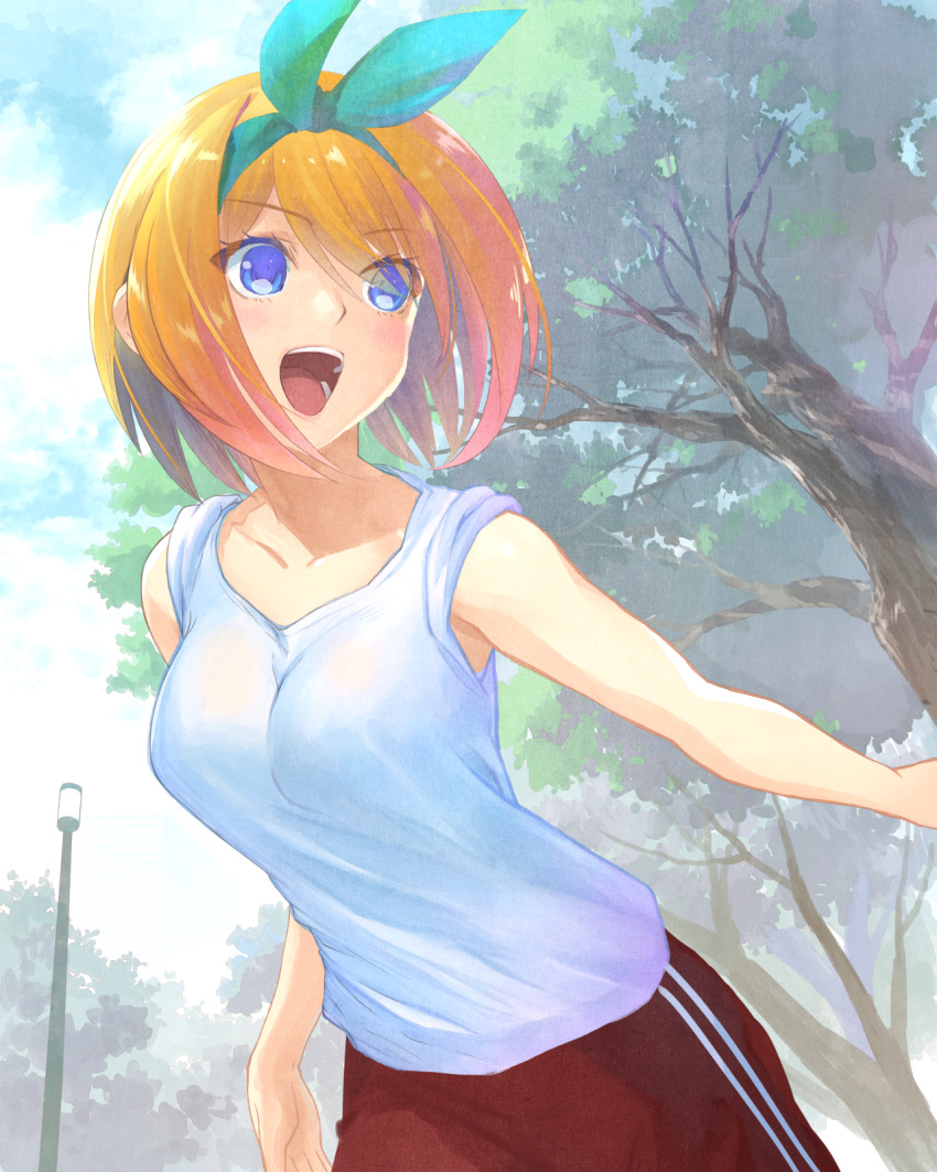 1girl :d aqua_bow aqua_hairband bare_arms blue_eyes bow bow_hairband breasts collarbone day go-toubun_no_hanayome hair_between_eyes hair_bow hairband highres hirokiku medium_breasts medium_hair nakano_yotsuba open_mouth orange_hair outdoors pants red_pants running shirt sleeveless sleeveless_shirt smile solo white_shirt