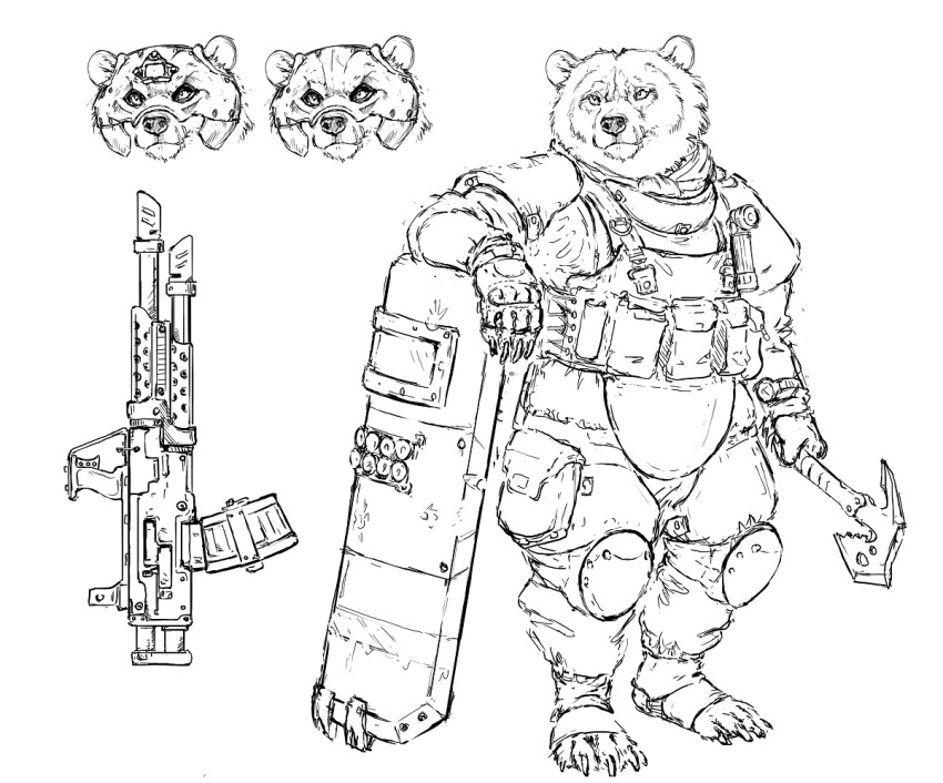 2022 anthro armor axe bear chest_armor headgear helmet holding_object holding_weapon hotchkisstank leg_armor male mammal military_gloves pouch_(anatomy) riot_shield semi-automatic solo thigh_pouch tomahawk weapon