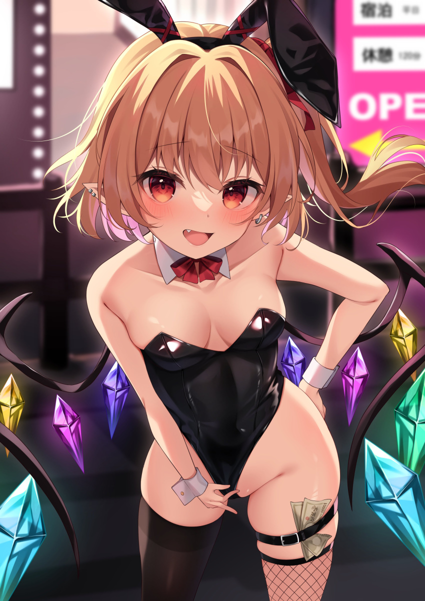 1girl absurdres animal_ears asymmetrical_legwear banknote black_leotard black_thighhighs blonde_hair blush breasts crystal detached_collar fake_animal_ears fang fishnet_thighhighs fishnets flandre_scarlet highres leotard long_hair looking_at_viewer mismatched_legwear miy@ money one_side_up open_mouth rabbit_ears red_eyes small_breasts smile solo strapless strapless_leotard thighhighs touhou tucked_money wings wrist_cuffs