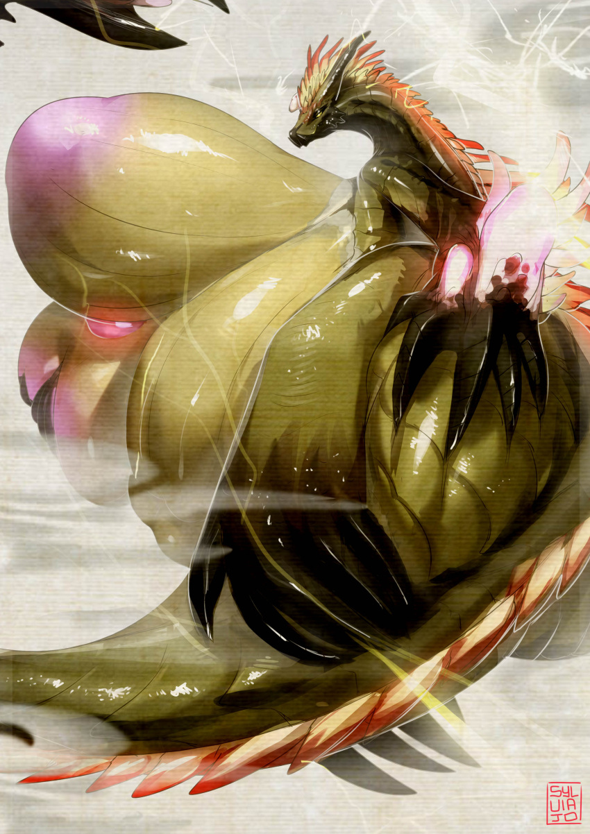 2023 absurd_res anthro belly big_belly big_breasts black_sclera bone_frill breasts capcom claws digital_media_(artwork) dragon female frill_(anatomy) green_body green_scales hi_res horn huge_belly huge_breasts hyper hyper_breasts inverted_nipples looking_at_viewer monster_hunter multi_arm multi_limb narwa_(elder_dragon) nipples scales scalie solo sylviajo tail thick_tail yellow_eyes