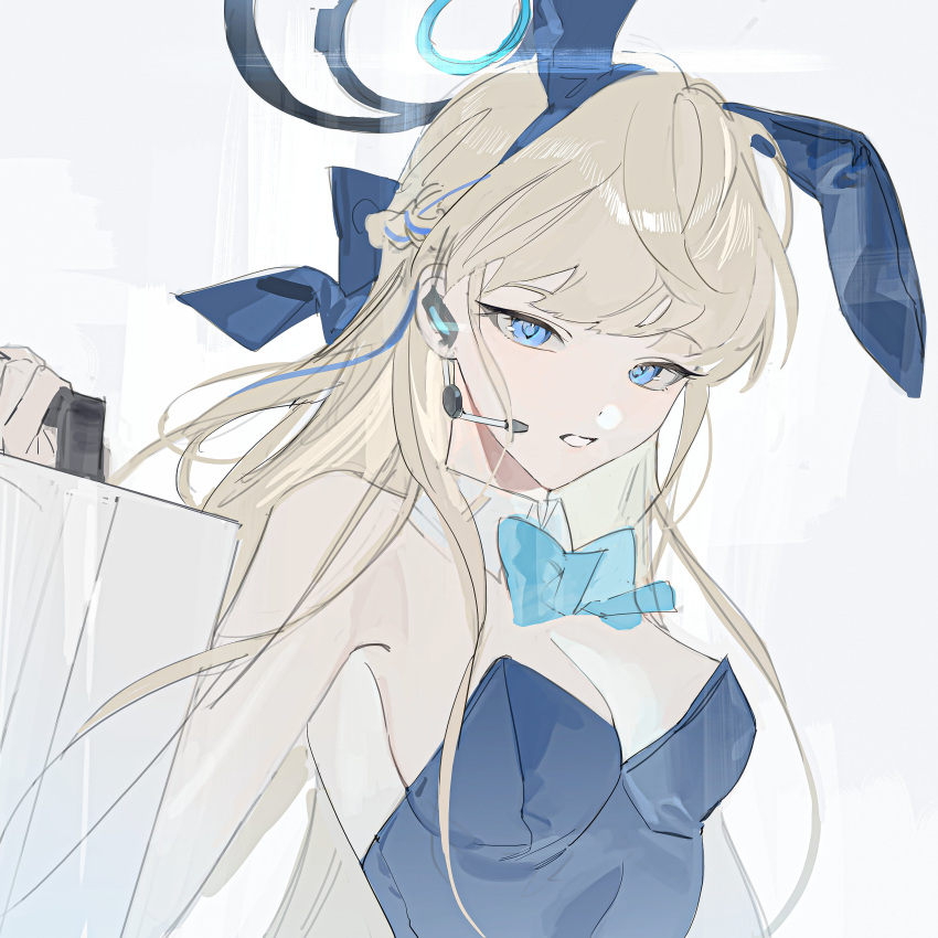 1girl absurdres animal_ear_headwear animal_ears blonde_hair blue_archive blue_bow blue_bowtie blue_eyes blue_hair blue_leotard bow bowtie breasts briefcase cropped_arms cropped_torso earphones fake_animal_ears hair_bow halo highleg highleg_leotard highres holding holding_briefcase leotard livliv1025 long_hair looking_at_viewer medium_breasts multicolored_hair playboy_bunny rabbit_ears sidelocks sketch swept_bangs toki_(blue_archive) toki_(bunny)_(blue_archive) white_background